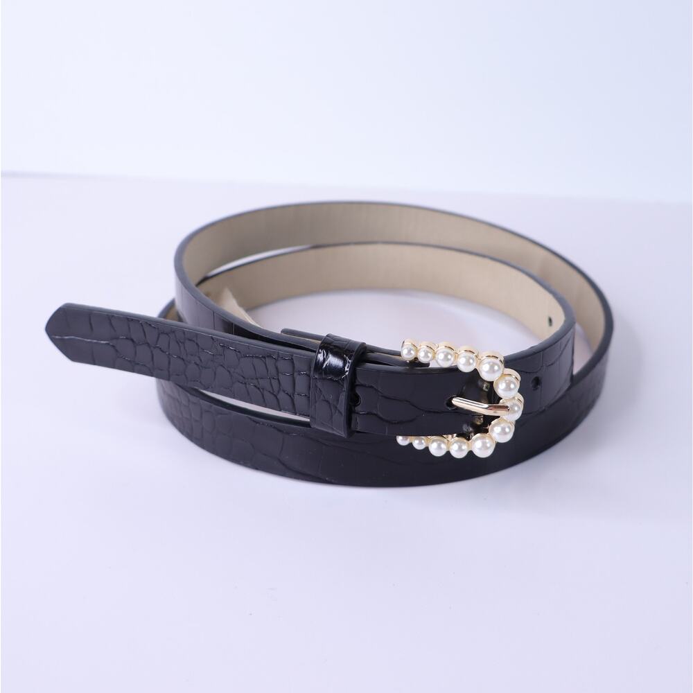 LP BLUE Linea Pelle Belt Black 3/4 Croc Embossed Skinny Women's S